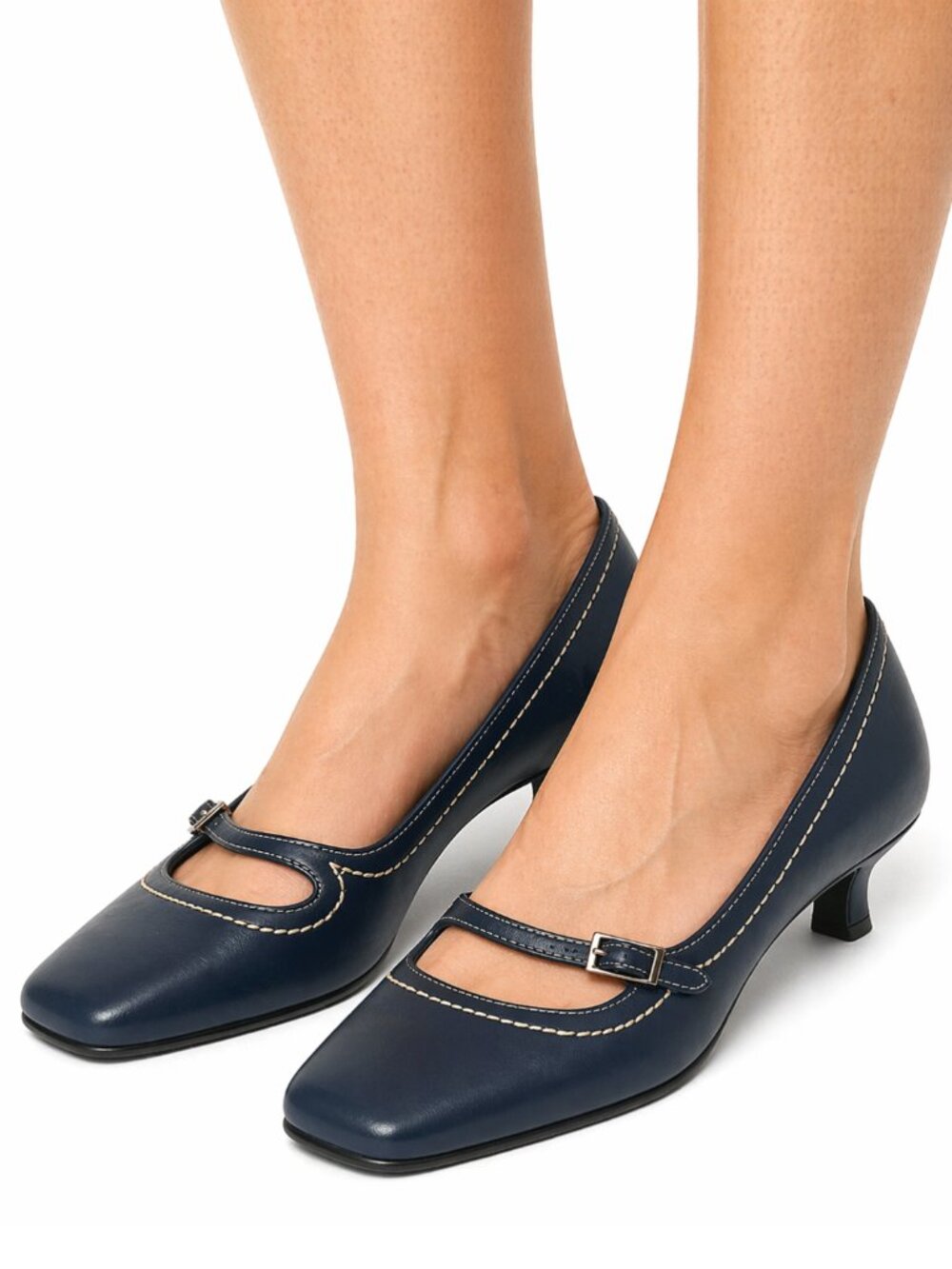 Aerosoles Blue Leather Square Toe Mary Jane Y2K Kitten Heel Comfort Shoes Sz 5.5
